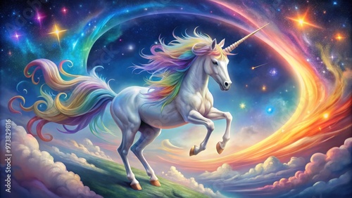 A majestic, shimmering alicorn with a rainbow-maned, spiraling horn prances in a whimsical, starry night sky amidst