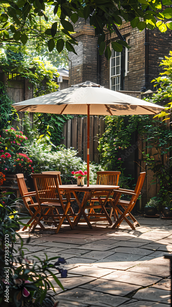 London garden in summer with patio, wooden garden furniture and a parasol or sun umbrella London garden in summer with patio, wooden garden furniture and a parasol or sun umbrella