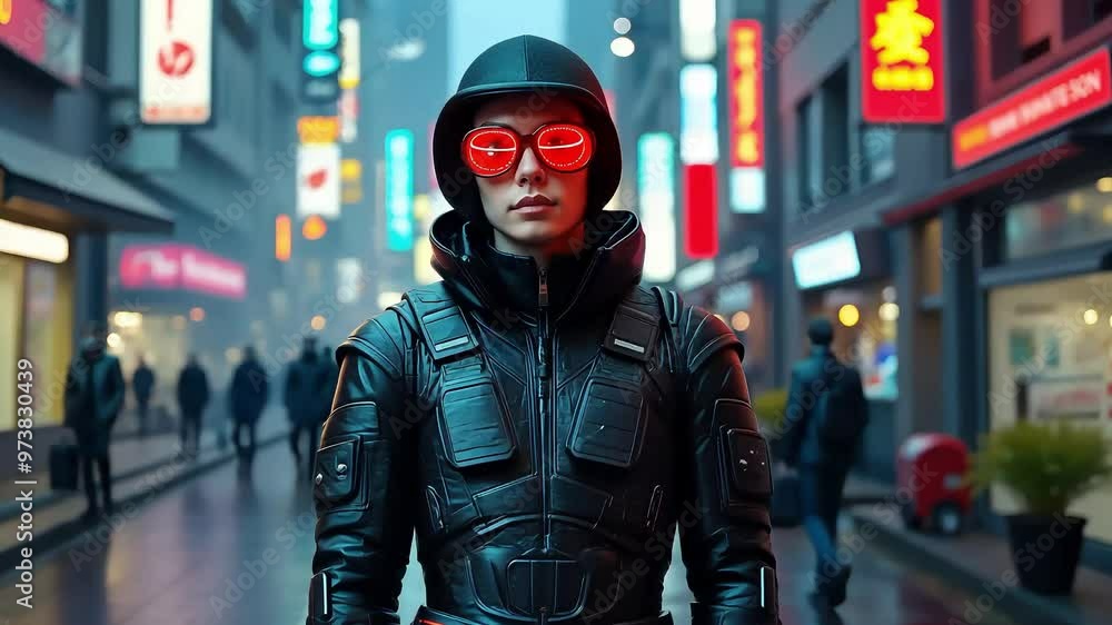 Cool Cyberpunk Guy with Red Goggles Walking through Neon-Lit Streets at Night Cool Cyberpunk Guy with Red Goggles Walking through Neon-Lit Streets at Night