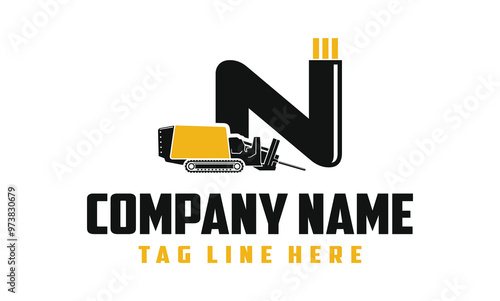 Letter N Machine Fiber Optic underground horizontal drilling laying machine logo design excavator heavy equipment . logo desain .