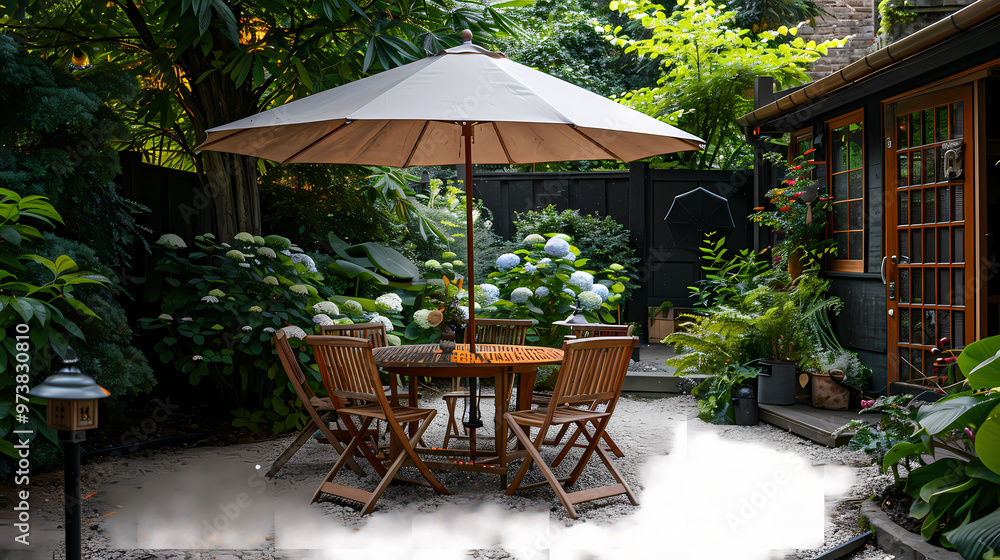 London garden in summer with patio, wooden garden furniture and a parasol or sun umbrella London garden in summer with patio, wooden garden furniture and a parasol or sun umbrella