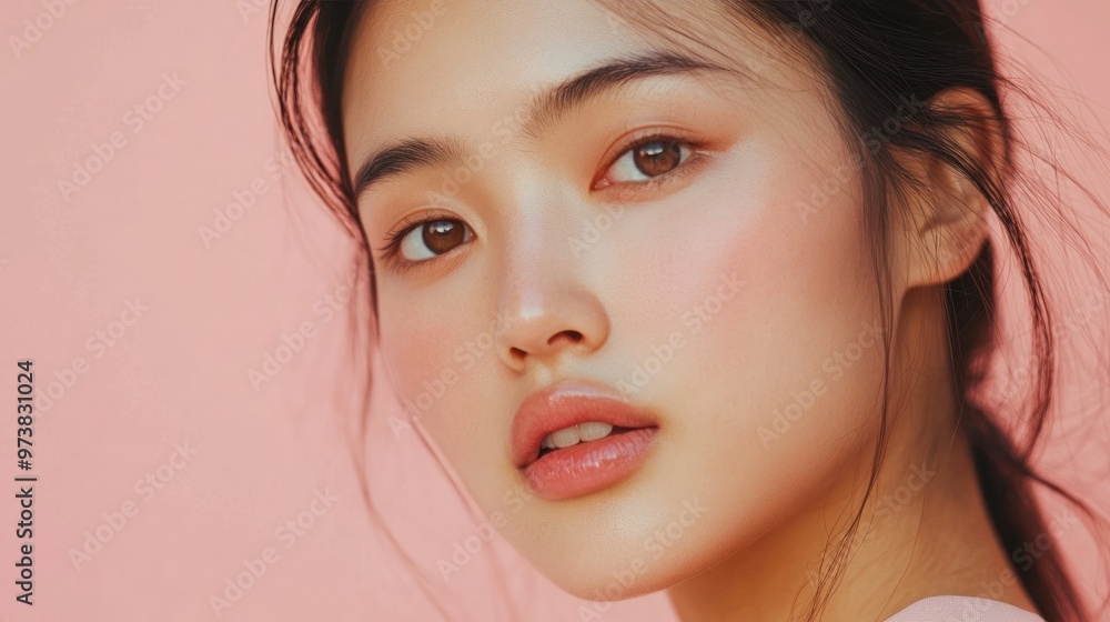 Asian model with perfect skin, in a minimalist beauty portrait Asian model with perfect skin, in a minimalist beauty portrait