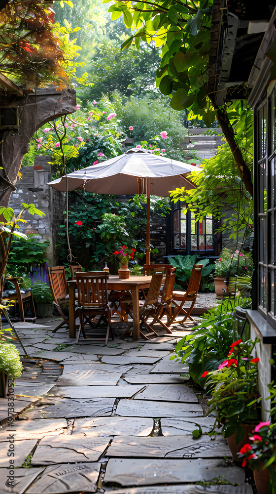 London garden in summer with patio, wooden garden furniture and a parasol or sun umbrella London garden in summer with patio, wooden garden furniture and a parasol or sun umbrella