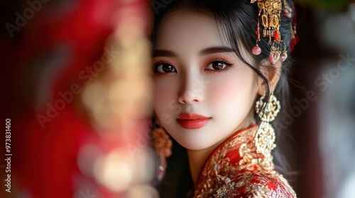 Asian woman in traditional attire, with a focus on her cultural heritage and beauty