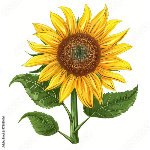 Yellow sunflower with green leaves vector illustration