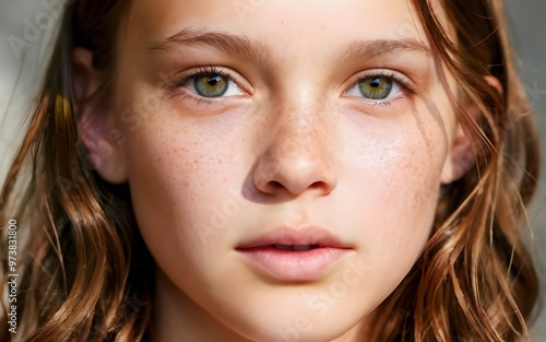 Sunlit Freckles: A Close-Up of a Freckle-Covered Girl Radiating Natural Beauty in Soft Sunlight, with Every Pore and Stray Hair Glowing Gently, Her Eyes Shimmering in the Warm Glow.