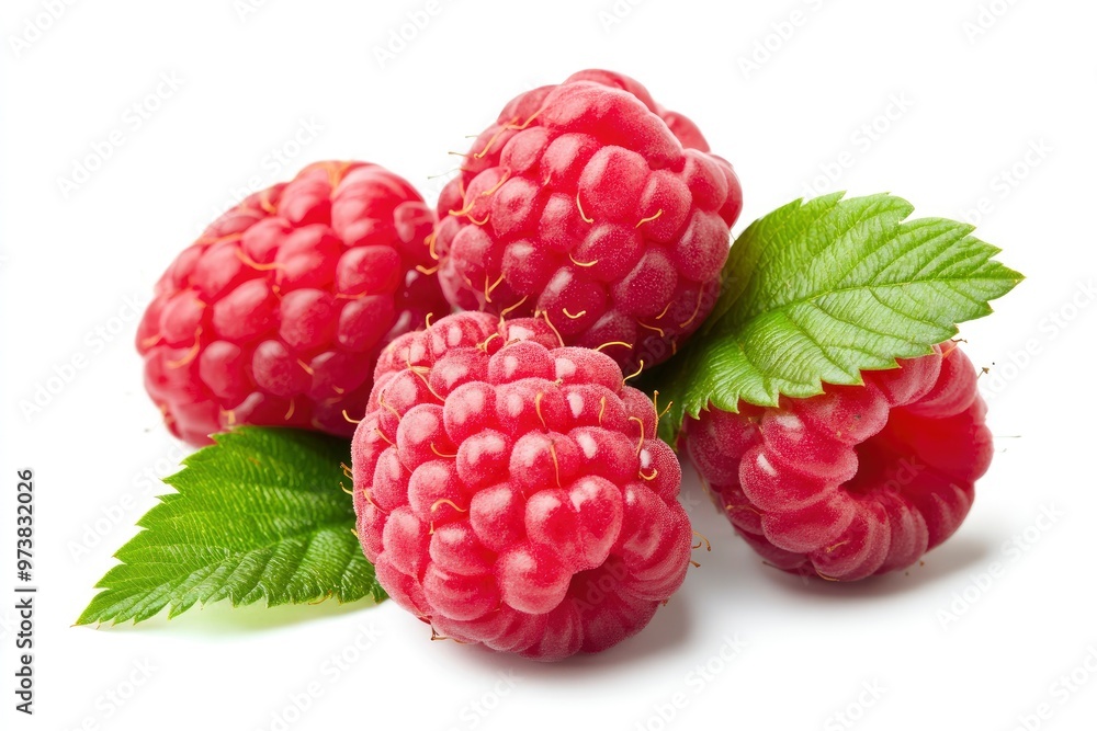 Ripe raspberries with leaf isolated on a white background, ai Ripe raspberries with leaf isolated on a white background, ai