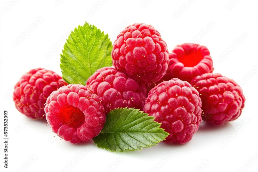 Ripe raspberries with leaf isolated on a white background, ai Ripe raspberries with leaf isolated on a white background, ai