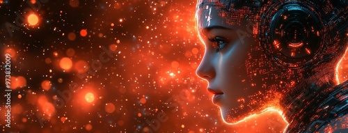 Futuristic Woman Cyborg AI Artificial Intelligence Technology Red Lights photo