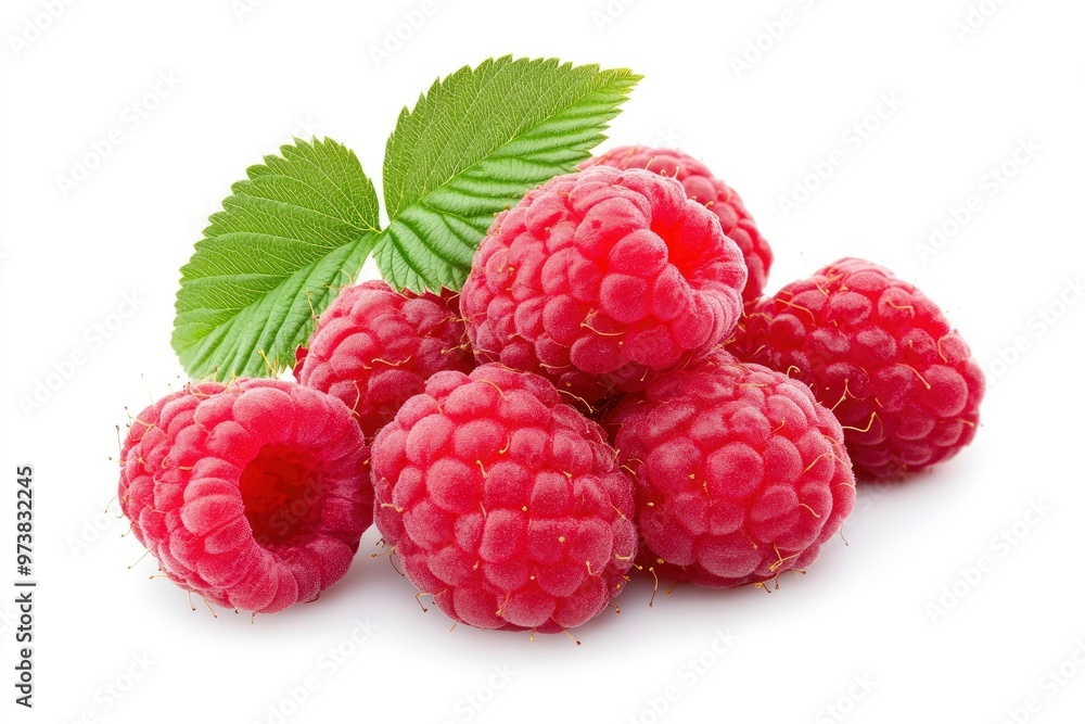 Ripe raspberries with leaf isolated on a white background, ai Ripe raspberries with leaf isolated on a white background, ai