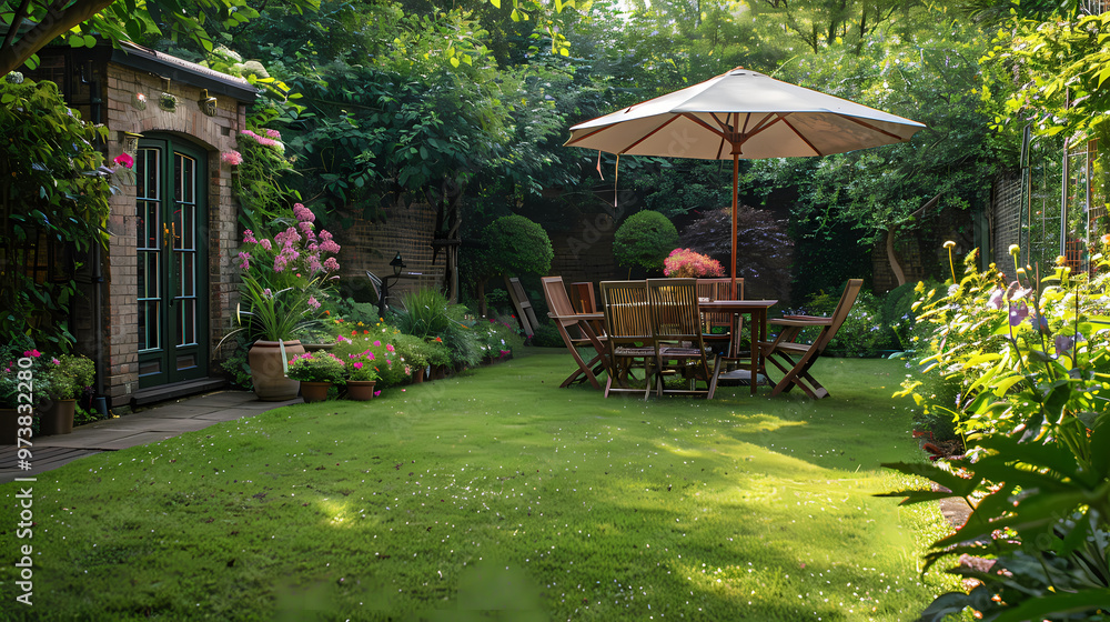 Obraz premium London garden in summer with patio, wooden garden furniture and a parasol or sun umbrella