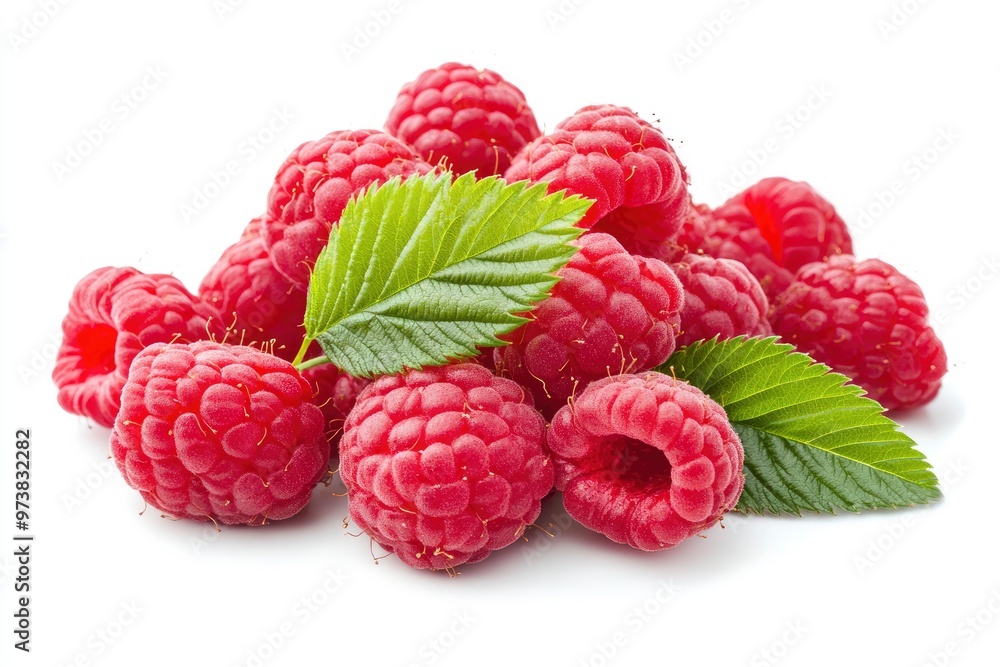 Ripe raspberries with leaf isolated on a white background, ai Ripe raspberries with leaf isolated on a white background, ai