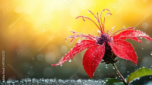Red Flower with Water Drops in Sunlight  Macro Photography