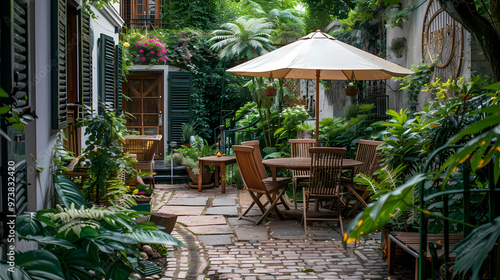 London garden in summer with patio, wooden garden furniture and a parasol or sun umbrella London garden in summer with patio, wooden garden furniture and a parasol or sun umbrella