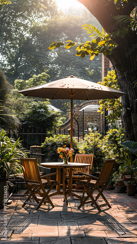 Fototapeta premium London garden in summer with patio, wooden garden furniture and a parasol or sun umbrella