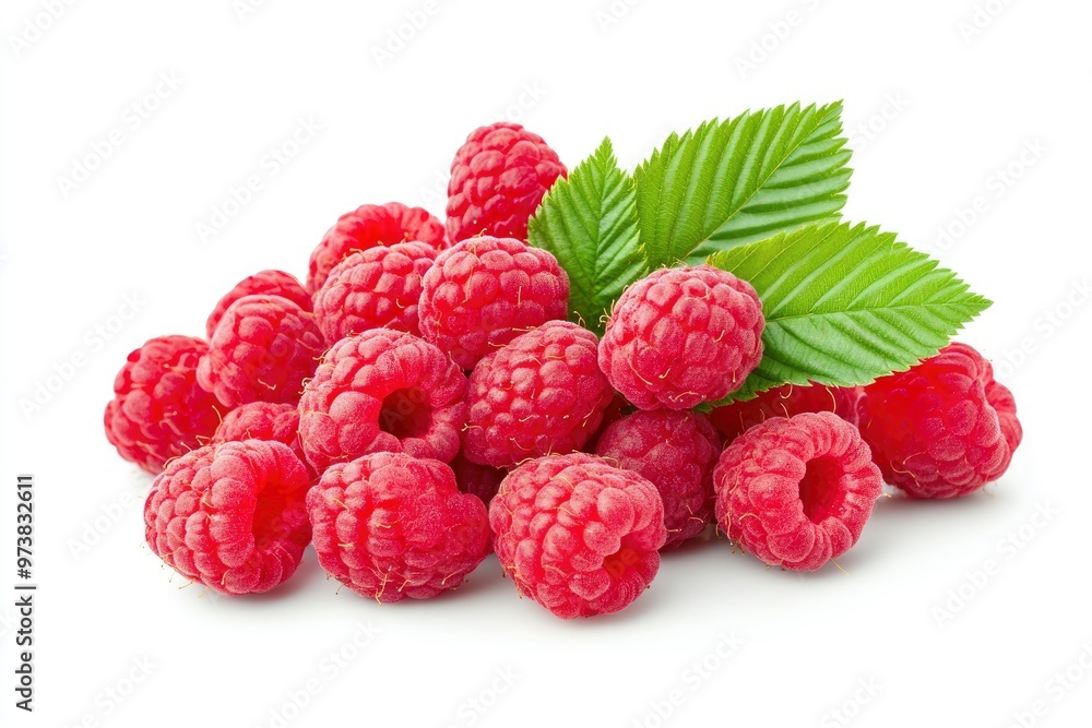 Ripe raspberries with leaf isolated on a white background, ai Ripe raspberries with leaf isolated on a white background, ai