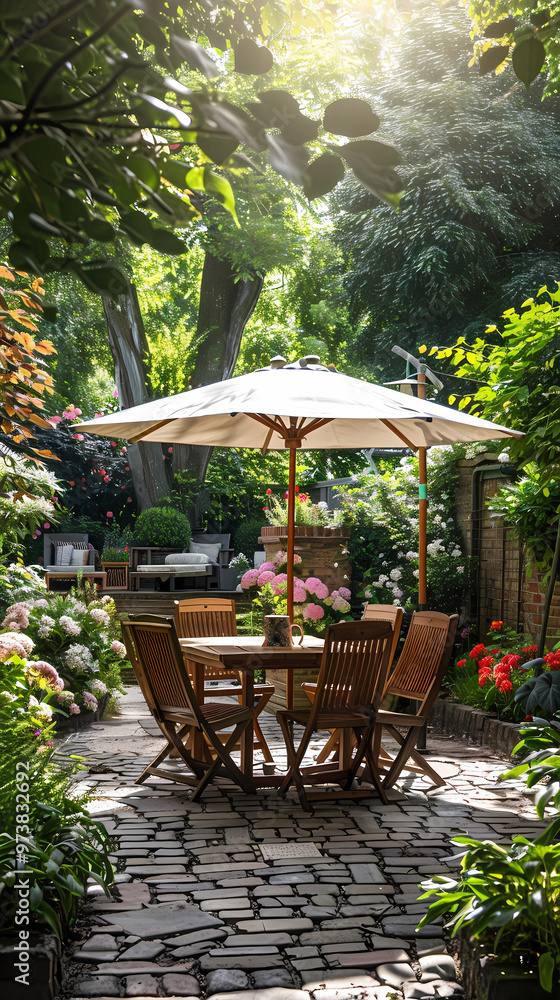 Fototapeta premium London garden in summer with patio, wooden garden furniture and a parasol or sun umbrella