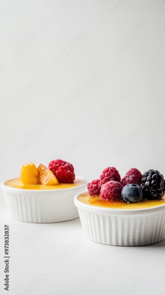 Two ramekins of creamy custard dessert topped with fresh fruit, including raspberries, blueberries, blackberries, and a slice of peach, on a white background. Two ramekins of creamy custard dessert topped with fresh fruit, including raspberries, blueberries, blackberries, and a slice of peach, on a white background.