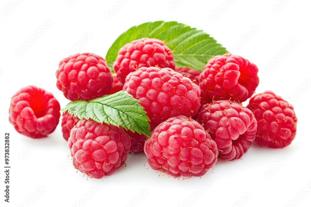 Ripe raspberries with leaf isolated on a white background, ai Ripe raspberries with leaf isolated on a white background, ai