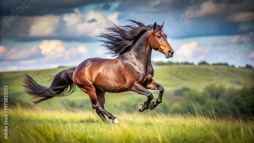 Dark bay horse gallops across the grassy field, its manly form invigorated by the wind-tousled mane and tail.