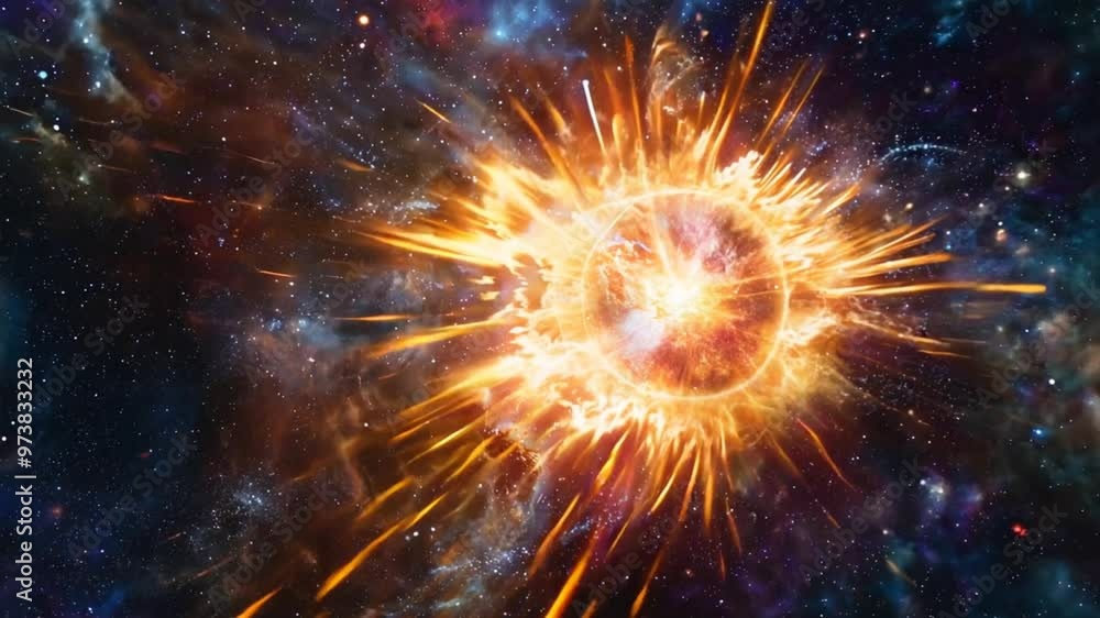 Cosmic Explosion: A fiery celestial explosion illuminates the vast expanse of space, showcasing a breathtaking display of energy and cosmic power. The image is rich in detail, capturing the fiery glo Cosmic Explosion: A fiery celestial explosion illuminates the vast expanse of space, showcasing a breathtaking display of energy and cosmic power. The image is rich in detail, capturing the fiery glo