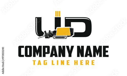 Letter UD Machine Fiber Optic underground horizontal drilling laying machine logo design excavator heavy equipment . logo desain .