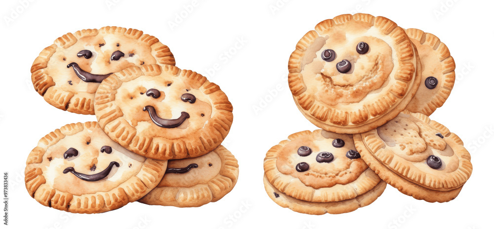 set of watercolor cookies with chips isolated on transparent background set of watercolor cookies with chips isolated on transparent background