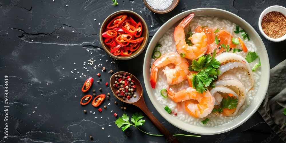 Seafood Rice Porridge with Fish, Squid, and Shrimp Served in a White Bowl Traditional Asian Breakfast Dish Viewed from Above Seafood Rice Porridge with Fish, Squid, and Shrimp Served in a White Bowl Traditional Asian Breakfast Dish Viewed from Above