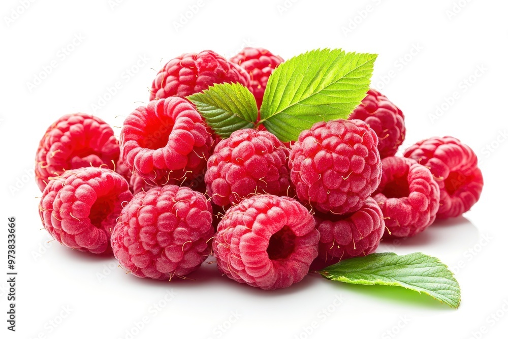 Ripe raspberries with leaf isolated on a white background, ai Ripe raspberries with leaf isolated on a white background, ai