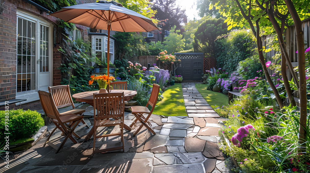 London garden in summer with patio, wooden garden furniture and a parasol or sun umbrella London garden in summer with patio, wooden garden furniture and a parasol or sun umbrella