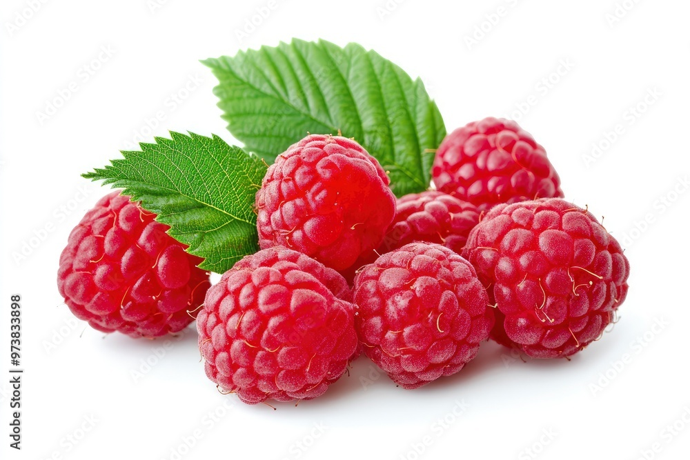 Ripe raspberries with leaf isolated on a white background, ai Ripe raspberries with leaf isolated on a white background, ai