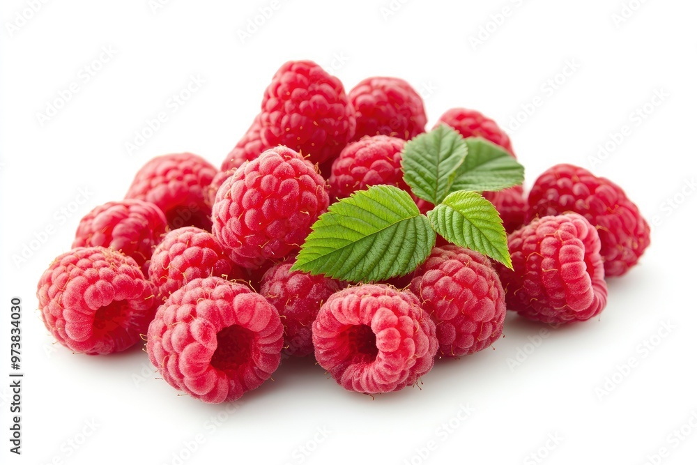 Ripe raspberries with leaf isolated on a white background, ai Ripe raspberries with leaf isolated on a white background, ai