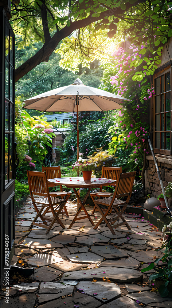 London garden in summer with patio, wooden garden furniture and a parasol or sun umbrella London garden in summer with patio, wooden garden furniture and a parasol or sun umbrella