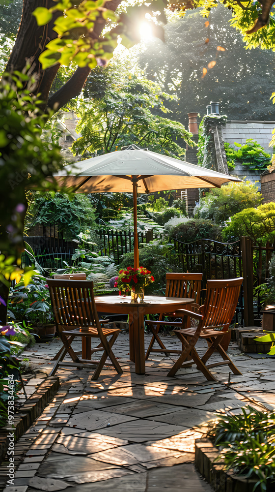 Obraz premium London garden in summer with patio, wooden garden furniture and a parasol or sun umbrella