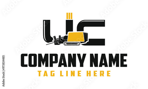 Letter UC Machine Fiber Optic underground horizontal drilling laying machine logo design excavator heavy equipment . logo desain .