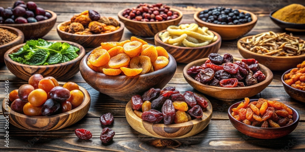 Dried fruits in a medley of colors, nestled in rustic wooden bowls, evoke a sense of warmth and Dried fruits in a medley of colors, nestled in rustic wooden bowls, evoke a sense of warmth and