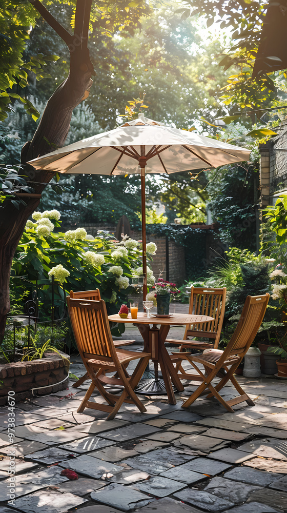 London garden in summer with patio, wooden garden furniture and a parasol or sun umbrella London garden in summer with patio, wooden garden furniture and a parasol or sun umbrella