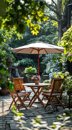 London garden in summer with patio, wooden garden furniture and a parasol or sun umbrella