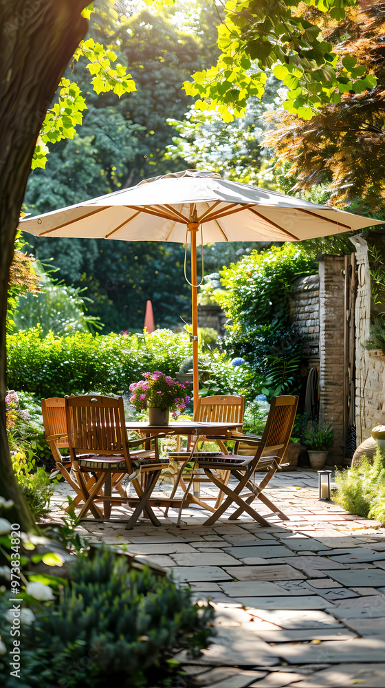 London garden in summer with patio, wooden garden furniture and a parasol or sun umbrella London garden in summer with patio, wooden garden furniture and a parasol or sun umbrella