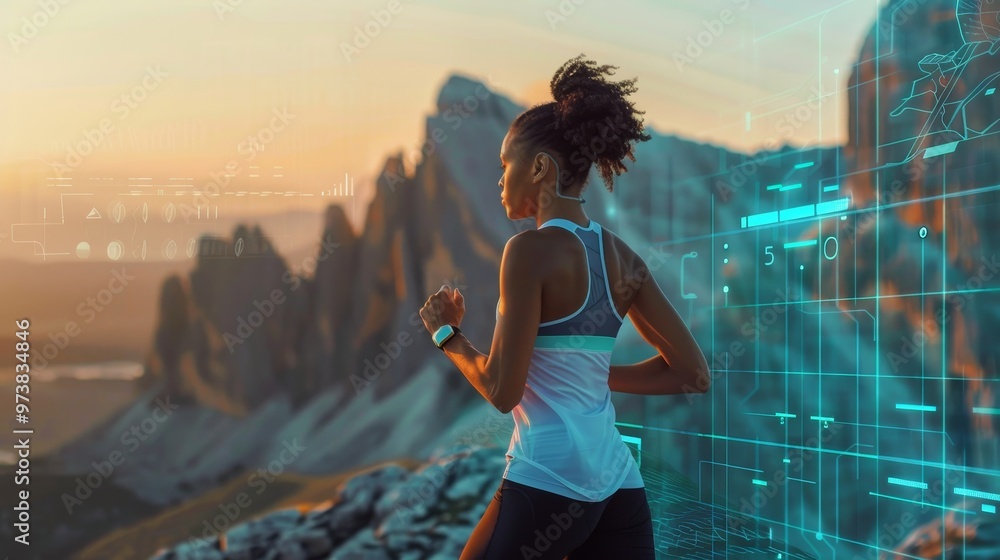 Fototapeta premium Optimizing Performance: Athlete Utilizing Wearable Tech for AI-Driven Insights Outdoors