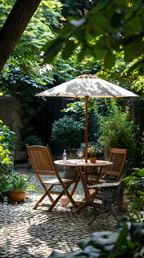 London garden in summer with patio, wooden garden furniture and a parasol or sun umbrella London garden in summer with patio, wooden garden furniture and a parasol or sun umbrella