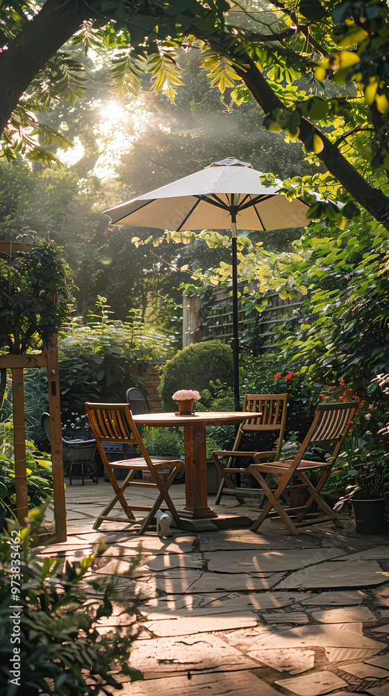 Obraz premium London garden in summer with patio, wooden garden furniture and a parasol or sun umbrella