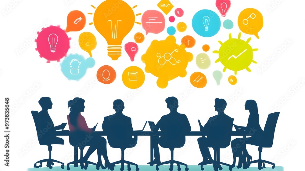 Silhouettes of People Sitting at a Table with Light Bulb Ideas Above Them Silhouettes of People Sitting at a Table with Light Bulb Ideas Above Them