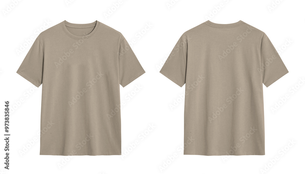 Front and back view of plain beige t shirt mockup, isolated on white background for design presentations Front and back view of plain beige t shirt mockup, isolated on white background for design presentations