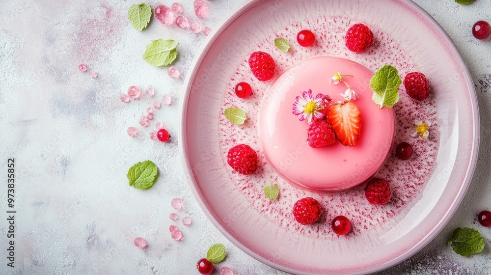 Pink dessert on a pink plate with raspberries, strawberries, and mint leaves. Pink dessert on a pink plate with raspberries, strawberries, and mint leaves.