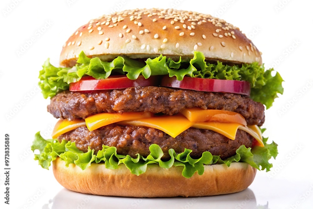 Double beef burger isolated on white background, with leading lines Double beef burger isolated on white background, with leading lines