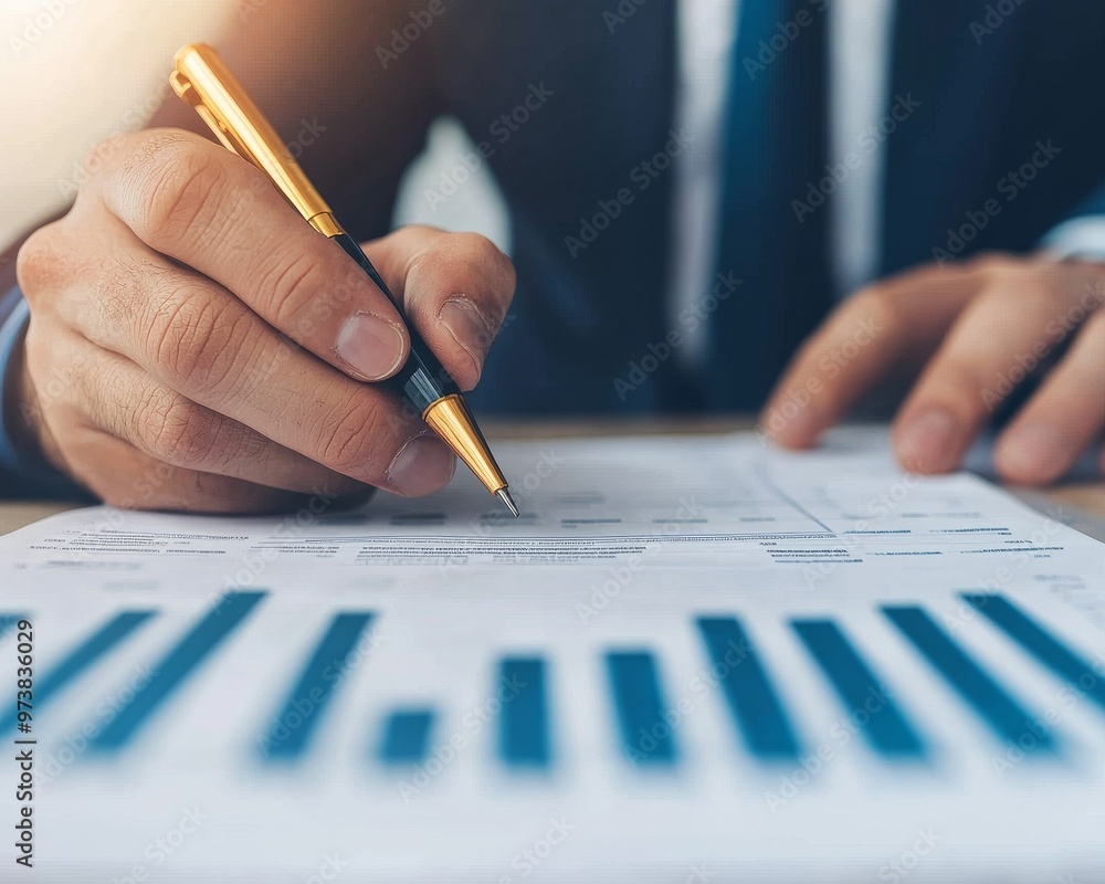 Close-up of businessman's hand holding a pen over financial documents. Close-up of businessman's hand holding a pen over financial documents.