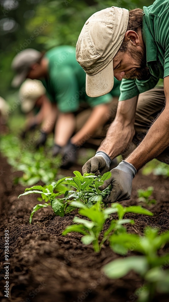 Close-up of farmers planting seedlings in a field. Close-up of farmers planting seedlings in a field.