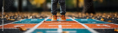 Closeup of feet walking on a colorful hopscotch grid.