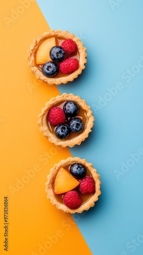 Three mini fruit tarts with peach, raspberry and blueberry on a blue and orange background. photo